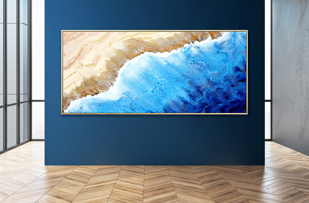 ABSTRACT painting that gives the impression of soothing ocean waves lapping in to soft sandy beach with slow easy waves creating crests of whie..  The intricate mosaic pattern within the tonal blue hues and the glimmering metallics adds added interest and intrigue.
The closer you get to the painting the more of the interesting details and patterns you can see. Metallics add an extra depth because the painting changes personality when one views from different angles.
although it is an impressionistic abstract, it still has a sense of motion of waves moving and frothing white