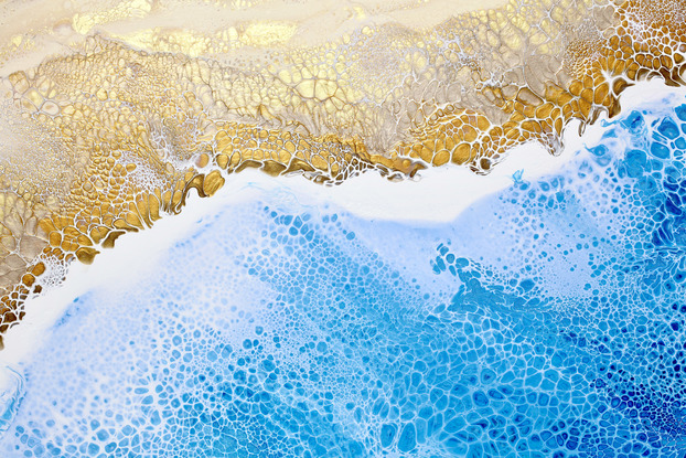 ABSTRACT painting that gives the impression of soothing ocean waves lapping in to soft sandy beach with slow easy waves creating crests of whie..  The intricate mosaic pattern within the tonal blue hues and the glimmering metallics adds added interest and intrigue.
The closer you get to the painting the more of the interesting details and patterns you can see. Metallics add an extra depth because the painting changes personality when one views from different angles.
although it is an impressionistic abstract, it still has a sense of motion of waves moving and frothing white