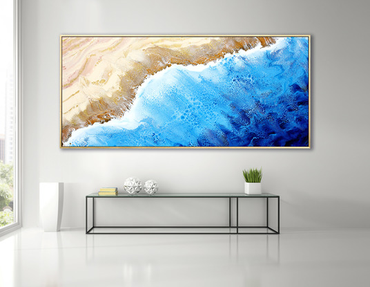 ABSTRACT painting that gives the impression of soothing ocean waves lapping in to soft sandy beach with slow easy waves creating crests of whie..  The intricate mosaic pattern within the tonal blue hues and the glimmering metallics adds added interest and intrigue.
The closer you get to the painting the more of the interesting details and patterns you can see. Metallics add an extra depth because the painting changes personality when one views from different angles.
although it is an impressionistic abstract, it still has a sense of motion of waves moving and frothing white