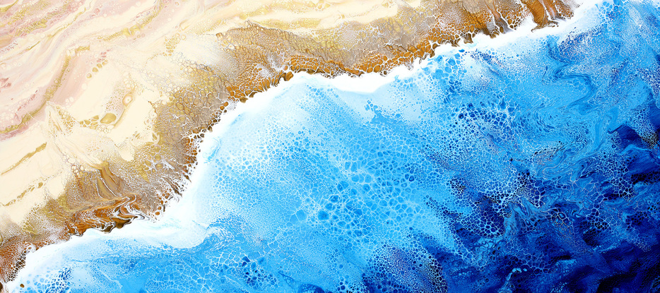 ABSTRACT painting that gives the impression of soothing ocean waves lapping in to soft sandy beach with slow easy waves creating crests of whie..  The intricate mosaic pattern within the tonal blue hues and the glimmering metallics adds added interest and intrigue.
The closer you get to the painting the more of the interesting details and patterns you can see. Metallics add an extra depth because the painting changes personality when one views from different angles.
although it is an impressionistic abstract, it still has a sense of motion of waves moving and frothing white