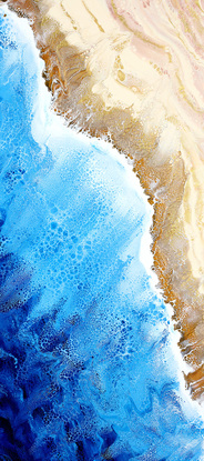 ABSTRACT painting that gives the impression of soothing ocean waves lapping in to soft sandy beach with slow easy waves creating crests of whie..  The intricate mosaic pattern within the tonal blue hues and the glimmering metallics adds added interest and intrigue.
The closer you get to the painting the more of the interesting details and patterns you can see. Metallics add an extra depth because the painting changes personality when one views from different angles.
although it is an impressionistic abstract, it still has a sense of motion of waves moving and frothing white