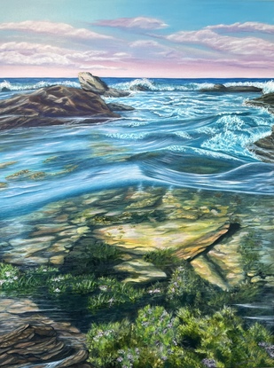 A late afternoon stroll across the rock pools at Sunset. Take in the dance of pink in every ripple across the water. It’s magical sun rays sparkle, as a tiny wave ripples through the pool showing it’s beauty beneath. 

This contemporary oil painting highlights the beauty of nature .  Rock Pool Sunset is finished off with a protective varnish and the painting continues around all sides so that it can hang as is, or can be framed if preferred.
