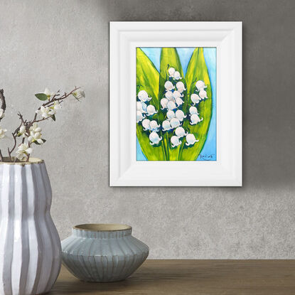 Lily of the valley original painting by Irina Redine, small artwork framed and ready to hang, gift idea