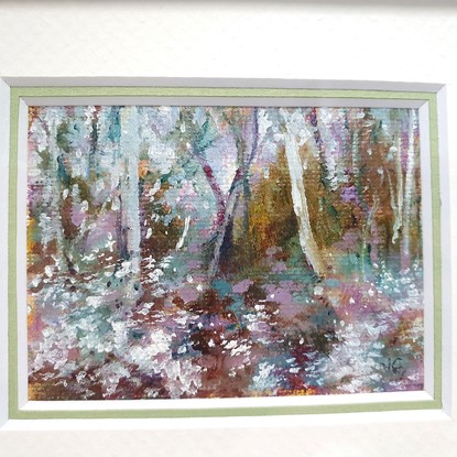 Miniature landscape of eucalypt forest in ochre and teal, by Australian artist Victoria Collins