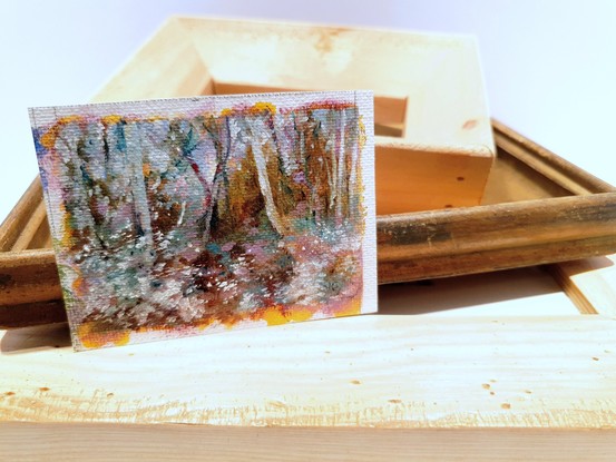 Miniature landscape of eucalypt forest in ochre and teal, by Australian artist Victoria Collins