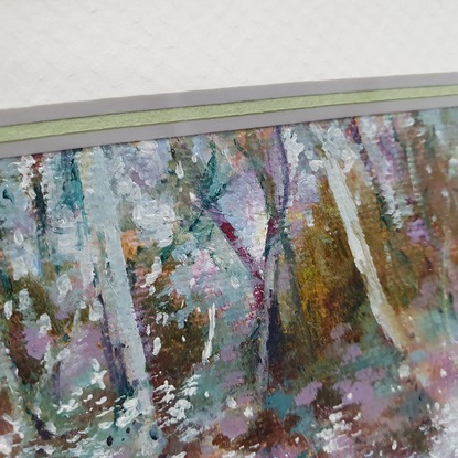 Miniature landscape of eucalypt forest in ochre and teal, by Australian artist Victoria Collins