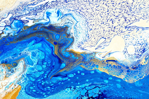 ABSTRACT painting that gives the impression of a coastline viewed from above with ocean passages cutting through the earhty toneal landscape.  The intricate mosaic pattern within the tonal blue hues and the glimmering metallics adds added interest and intrigue.
The closer you get to the painting the more of the interesting details and patterns you can see. Metallics add an extra depth because the painting changes personality when one views from different angles.