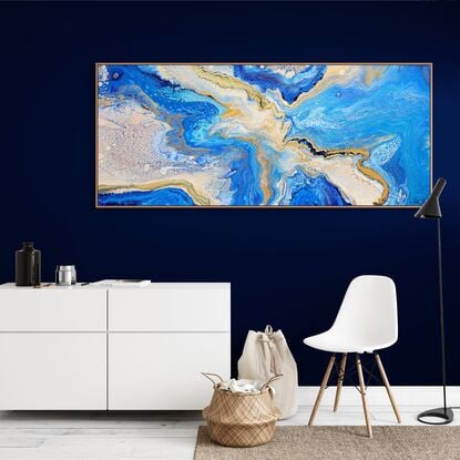 ABSTRACT painting that gives the impression of a coastline viewed from above with ocean passages cutting through the earhty toneal landscape.  The intricate mosaic pattern within the tonal blue hues and the glimmering metallics adds added interest and intrigue.
The closer you get to the painting the more of the interesting details and patterns you can see. Metallics add an extra depth because the painting changes personality when one views from different angles.