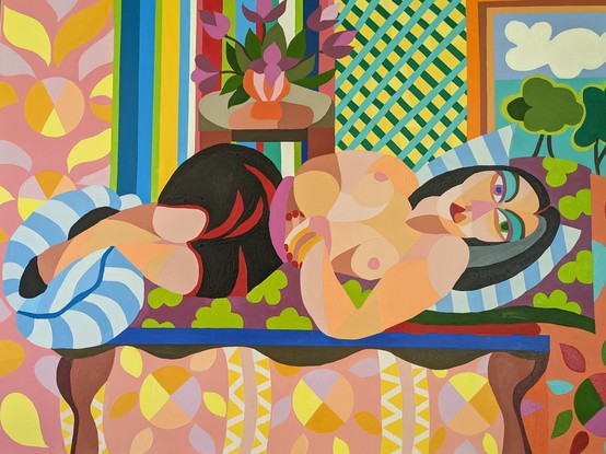 women relaxing in a patterned room