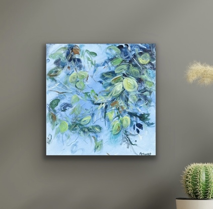 A 30cm by 30cm abstract expressionist painting on stretched canvas by Australian artist Fiona Hayward, depicting hedgerows, leaves by the river.  Loose brushstrokes. Sky.