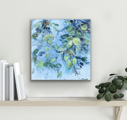 A 30cm by 30cm abstract expressionist painting on stretched canvas by Australian artist Fiona Hayward, depicting hedgerows, leaves by the river.  Loose brushstrokes. Sky.