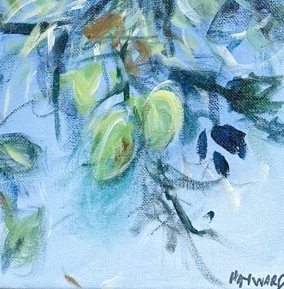 A 30cm by 30cm abstract expressionist painting on stretched canvas by Australian artist Fiona Hayward, depicting hedgerows, leaves by the river.  Loose brushstrokes. Sky.