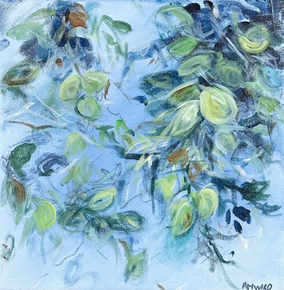 A 30cm by 30cm abstract expressionist painting on stretched canvas by Australian artist Fiona Hayward, depicting hedgerows, leaves by the river.  Loose brushstrokes. Sky.