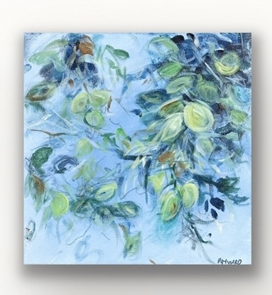 A 30cm by 30cm abstract expressionist painting on stretched canvas by Australian artist Fiona Hayward, depicting hedgerows, leaves by the river.  Loose brushstrokes. Sky.