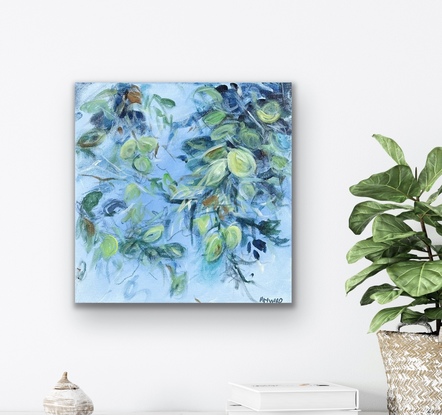 A 30cm by 30cm abstract expressionist painting on stretched canvas by Australian artist Fiona Hayward, depicting hedgerows, leaves by the river.  Loose brushstrokes. Sky.