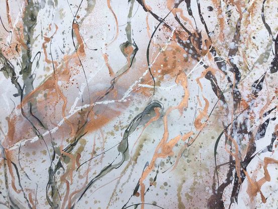 A large painting of seaweed with metallic copper, ochre,  burnt orange, pale terracotta, khaki, green  black and white.