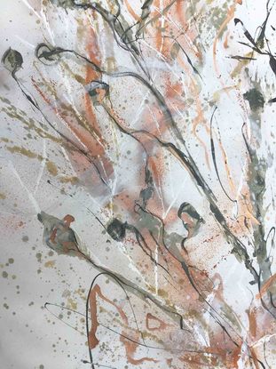 A large painting of seaweed with metallic copper, ochre,  burnt orange, pale terracotta, khaki, green  black and white.