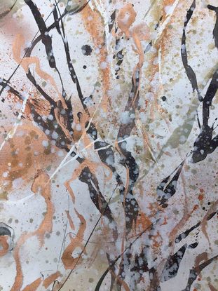 A large painting of seaweed with metallic copper, ochre,  burnt orange, pale terracotta, khaki, green  black and white.