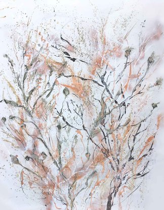 A large painting of seaweed with metallic copper, ochre,  burnt orange, pale terracotta, khaki, green  black and white.