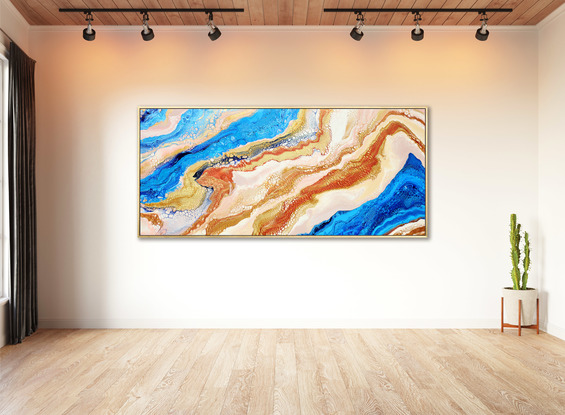 ABSTRACT painting that gives the impression of a coastline viewed from above with ocean passages cutting through the earhty toneal landscape.  The intricate mosaic pattern within the tonal blue hues and the glimmering metallics adds added interest and intrigue.
The closer you get to the painting the more of the interesting details and patterns you can see. Metallics add an extra depth because the painting changes personality when one views from different angles.