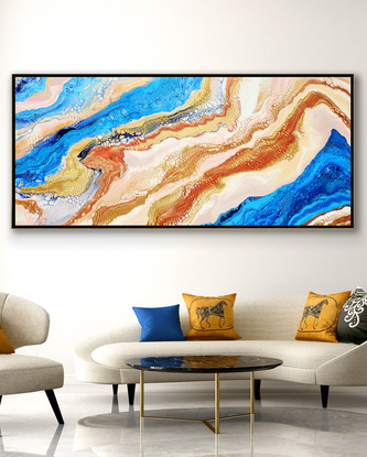 ABSTRACT painting that gives the impression of a coastline viewed from above with ocean passages cutting through the earhty toneal landscape.  The intricate mosaic pattern within the tonal blue hues and the glimmering metallics adds added interest and intrigue.
The closer you get to the painting the more of the interesting details and patterns you can see. Metallics add an extra depth because the painting changes personality when one views from different angles.