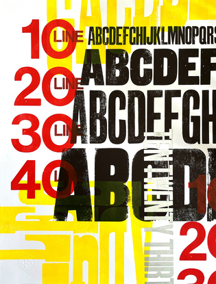 
The vibrant colour palette of yellow, red, black and silver bring the large format letterpress  print to life.  