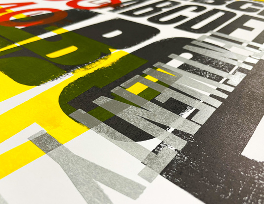 
The vibrant colour palette of yellow, red, black and silver bring the large format letterpress  print to life.  