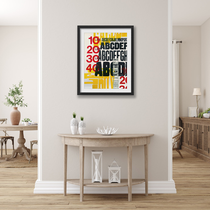 
The vibrant colour palette of yellow, red, black and silver bring the large format letterpress  print to life.  