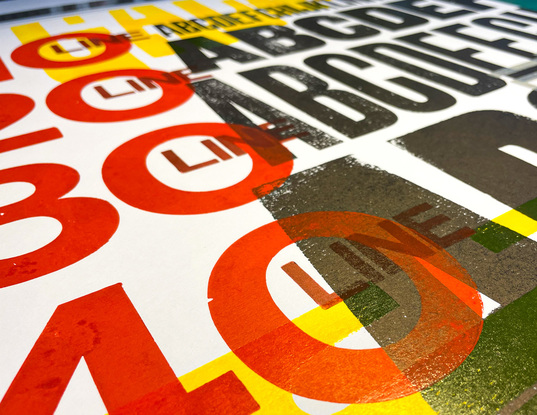 
The vibrant colour palette of yellow, red, black and silver bring the large format letterpress  print to life.  