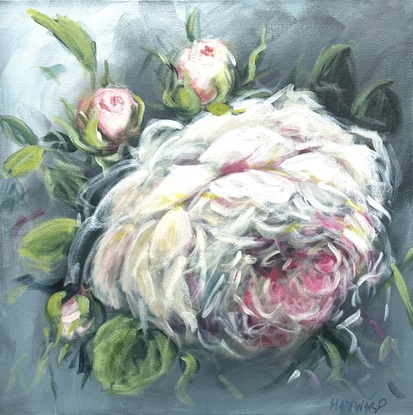 a 45cm x 45 cm abstract floral expressionist flower painting of a single rose, large blossom, soft colours.