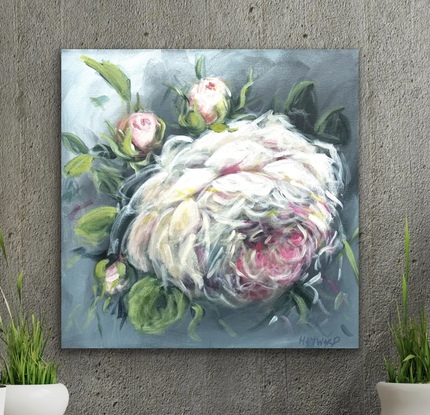 a 45cm x 45 cm abstract floral expressionist flower painting of a single rose, large blossom, soft colours.