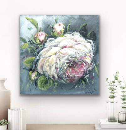 a 45cm x 45 cm abstract floral expressionist flower painting of a single rose, large blossom, soft colours.