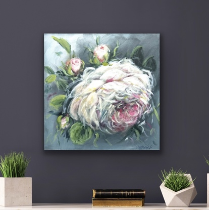 a 45cm x 45 cm abstract floral expressionist flower painting of a single rose, large blossom, soft colours.