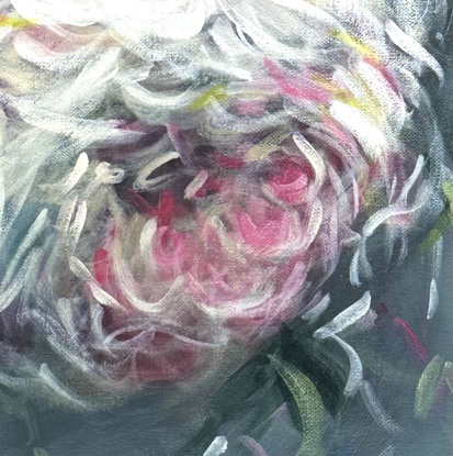 a 45cm x 45 cm abstract floral expressionist flower painting of a single rose, large blossom, soft colours.