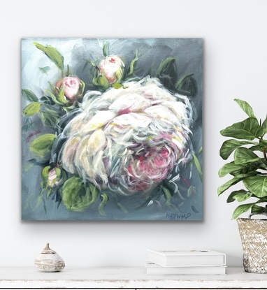 a 45cm x 45 cm abstract floral expressionist flower painting of a single rose, large blossom, soft colours.