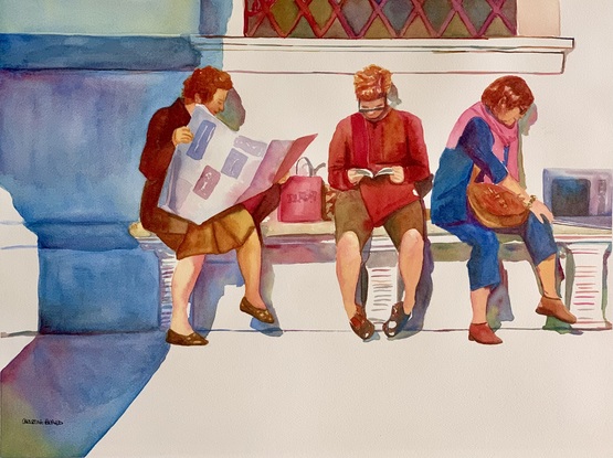 Women sit on a Venetian stone bench in the early evening.