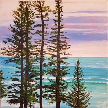 Norfolk Island pines turquoise waves mauve sky