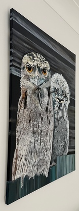 Acrylic on stretched canvas, varnished and ready to hang. Mother and baby frogmouths.