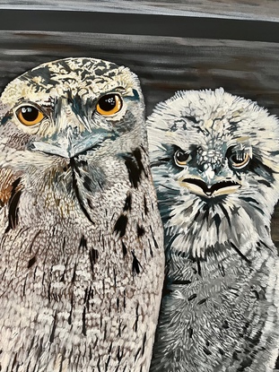 Acrylic on stretched canvas, varnished and ready to hang. Mother and baby frogmouths.