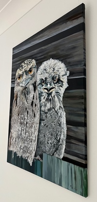 Acrylic on stretched canvas, varnished and ready to hang. Mother and baby frogmouths.