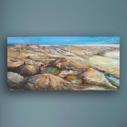 Two figures sit around a rock pool on a sandy headland encircled by four crows. Painted in warm ochres and blue. There is a mystery here. 