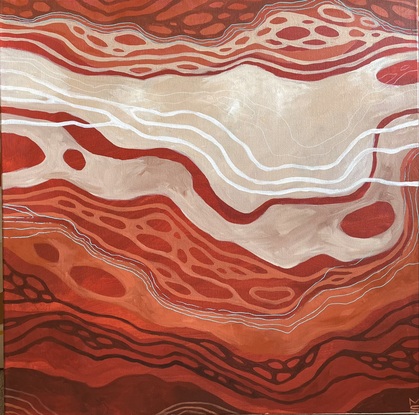 A square abstract painting in flowing layers of deep garnet, crimson, terracotta, and cream. The layers are overlaid with flowing lines of similar hues, as well as hints of vibrant blue. 