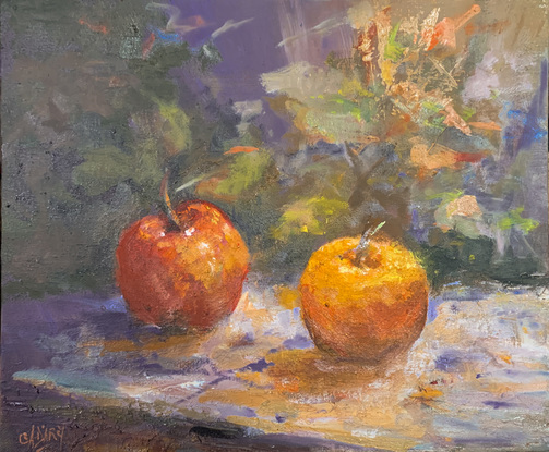 A Still Life depicting in bright colours. An apple and an orange surrounded by leaves on a table cloth. 