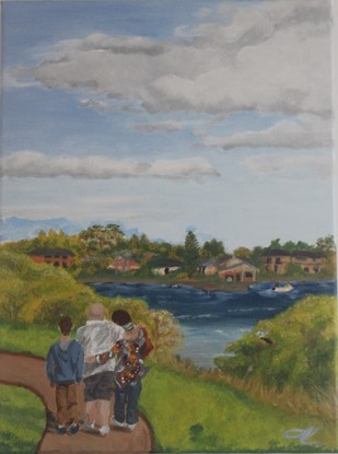 A young boy, man, and woman walk along a path that curves to the left. On the right, a clearing in the bushes reveals deep blue water and in the background, a row of houses runs along the riverbank. A small boat sits on the water and the sky is a pale blue.