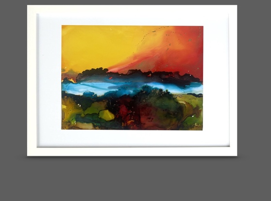 A small colourful abstracted landscape created in intensive ink.
Yellow and magenta sky. Rich gold highlights.