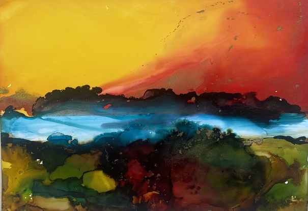 A small colourful abstracted landscape created in intensive ink.
Yellow and magenta sky. Rich gold highlights.