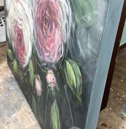 a 90cm x 90cm abstract floral impressionist/expressionist flower painting of a single rose, large blossom, soft colours. Modern art. Australian art for sale. 