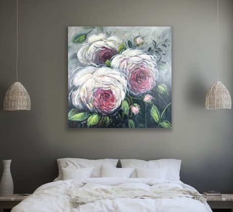 a 90cm x 90cm abstract floral impressionist/expressionist flower painting of a single rose, large blossom, soft colours. Modern art. Australian art for sale. 