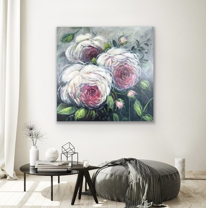 a 90cm x 90cm abstract floral impressionist/expressionist flower painting of a single rose, large blossom, soft colours. Modern art. Australian art for sale. 