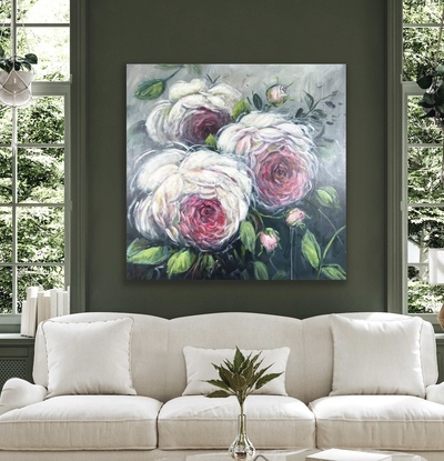 a 90cm x 90cm abstract floral impressionist/expressionist flower painting of a single rose, large blossom, soft colours. Modern art. Australian art for sale. 